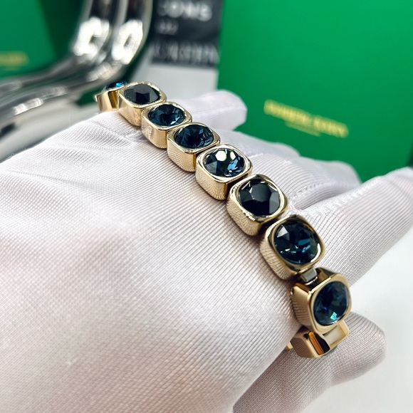 Denim Blue Crystal Bracelet, Gold Plated Chunky Dark Blue Tennis Bracelet - Picture 5 of 9